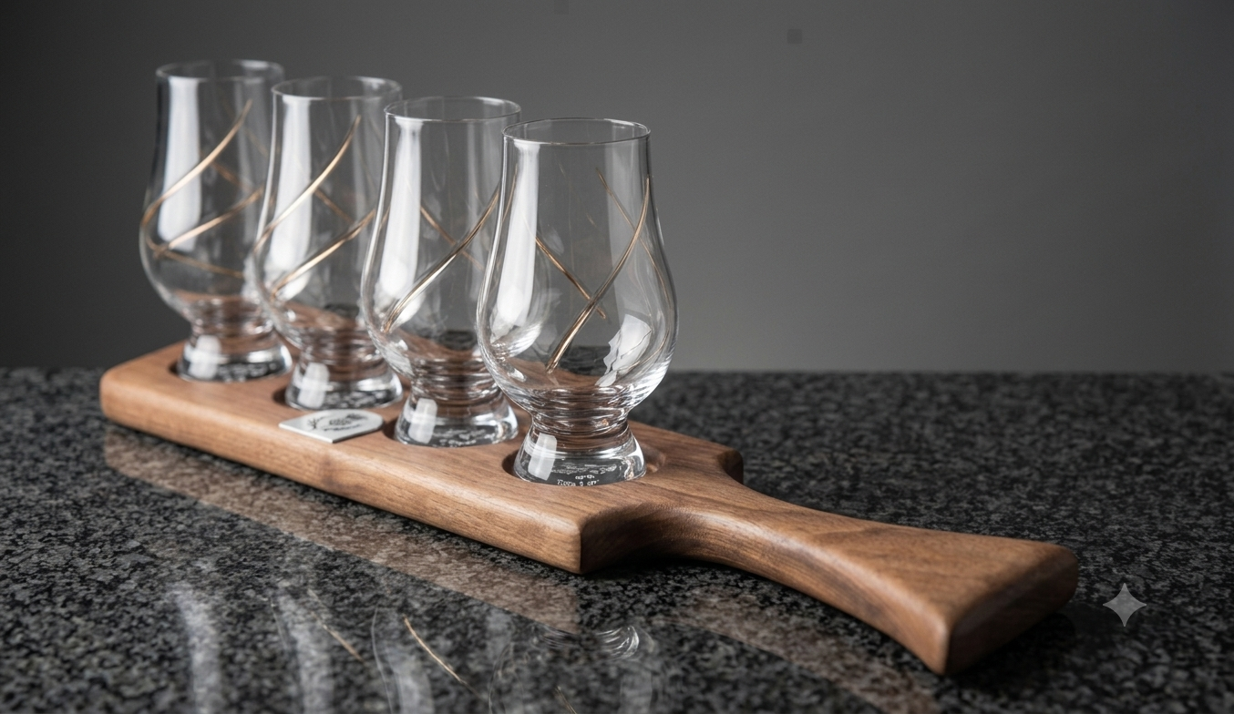 Handcrafted Black Walnut Whiskey Flight Board – Holds 4 Glencairn Glasses, Food-Safe Finish