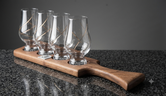 Handcrafted Black Walnut Whiskey Flight Board – Holds 4 Glencairn Glasses, Food-Safe Finish