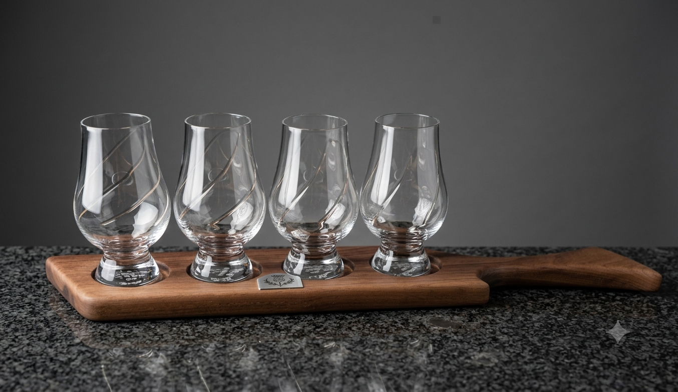 Handcrafted Black Walnut Whiskey Flight Board – Holds 4 Glencairn Glasses, Food-Safe Finish