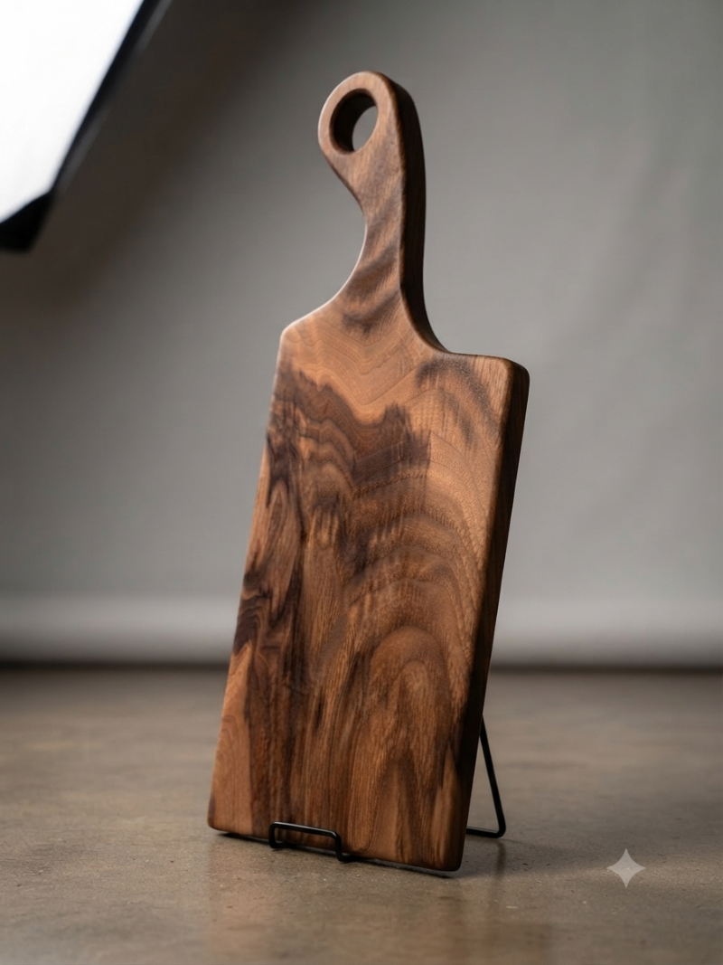 A rectangular wooden cutting board with a rounded handle and a circular cutout at the top, standing on a small black metal easel. The board features a prominent wavy grain pattern in warm brown and golden tones.