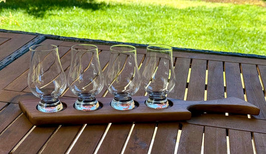 Handcrafted Black Walnut Whiskey Flight Board - 4 Glass Tasting Paddle